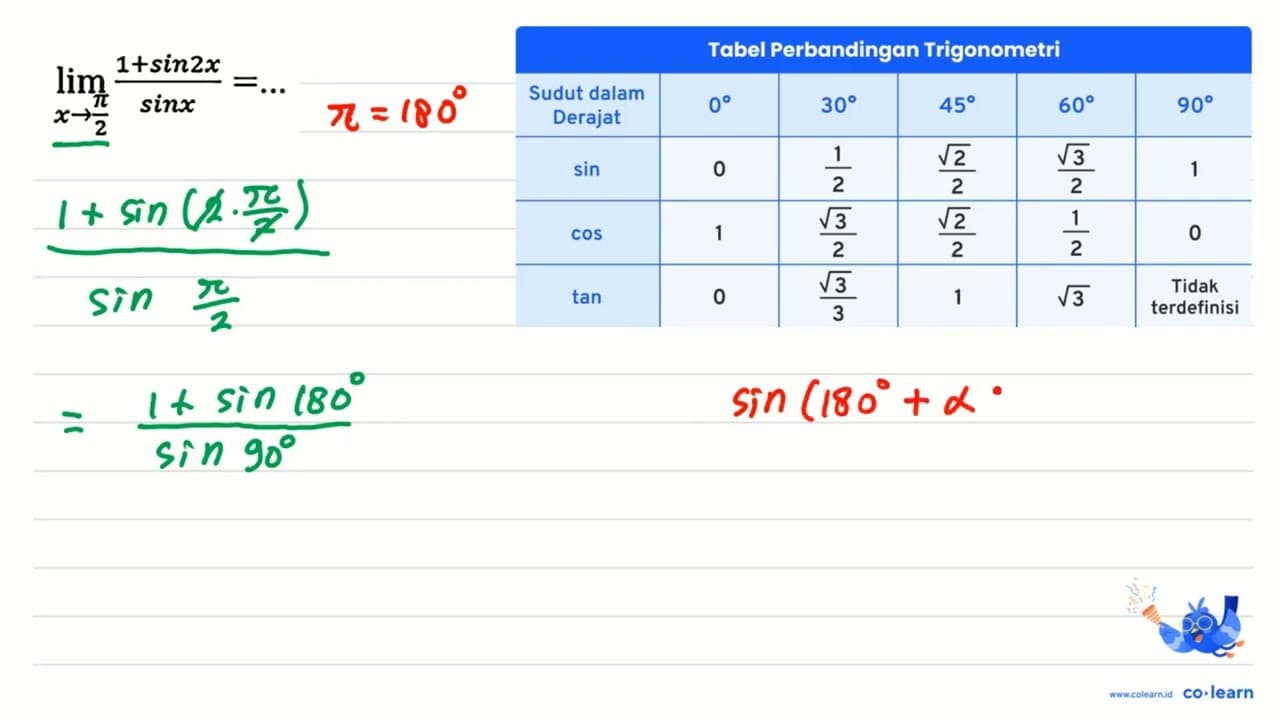 lim _(x -> (pi)/(2)) (1+sin 2 x)/(sin x)=...