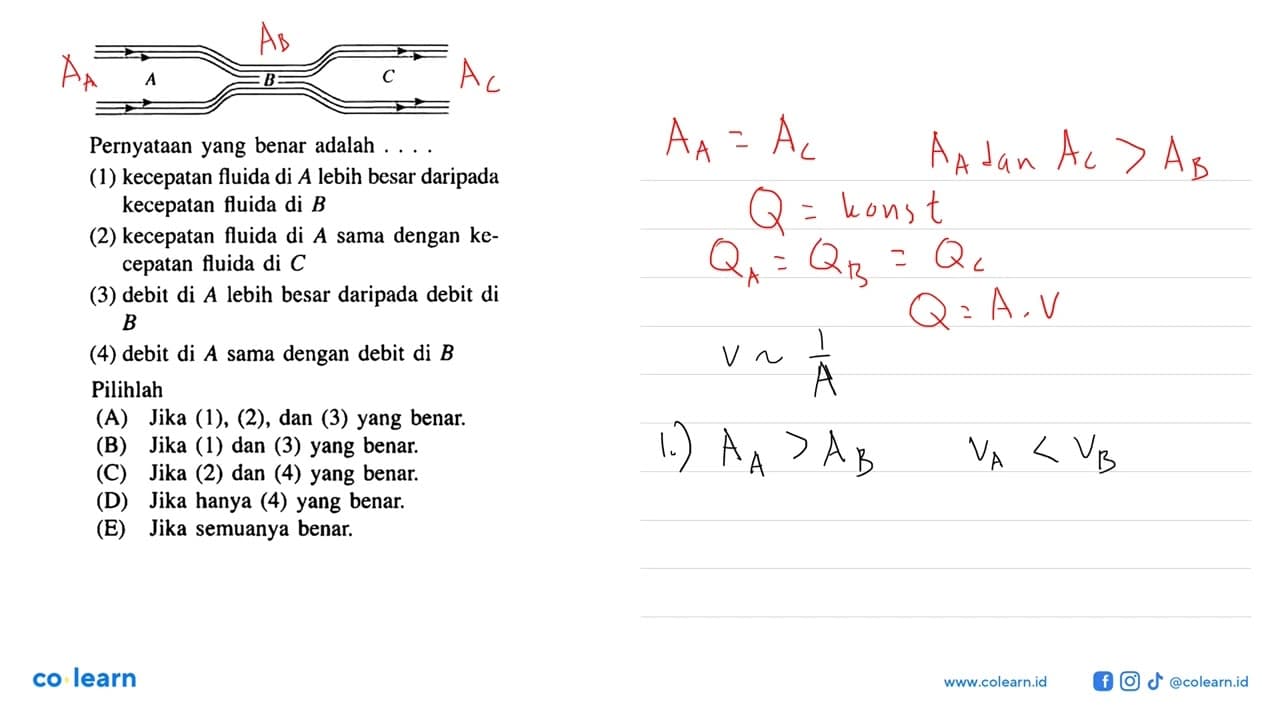 Pernyataan yang benar adalah .... (1) kecepatan fluida di A
