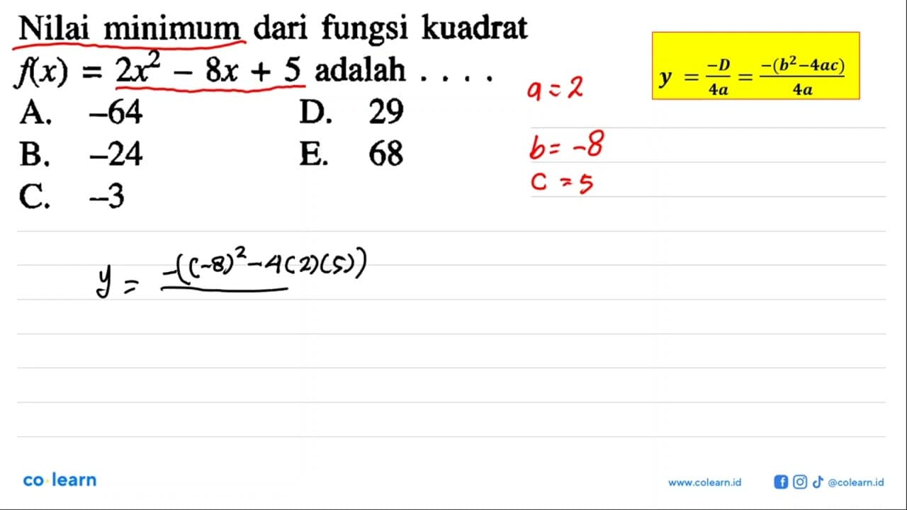 Nilai minimum dari fungsi kuadrat f(x) = 2x^2 - 8x + 5