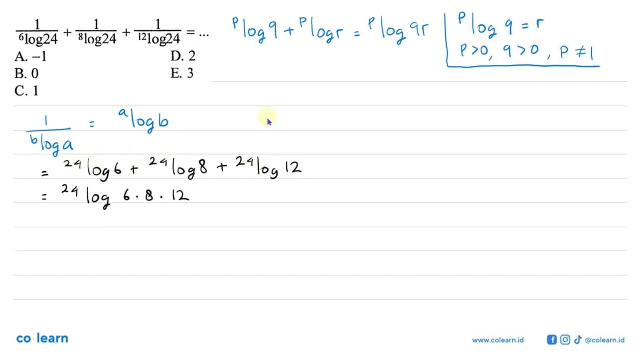 1/6 log 24 + 1/8 log 24 + 1/12 log 24=...