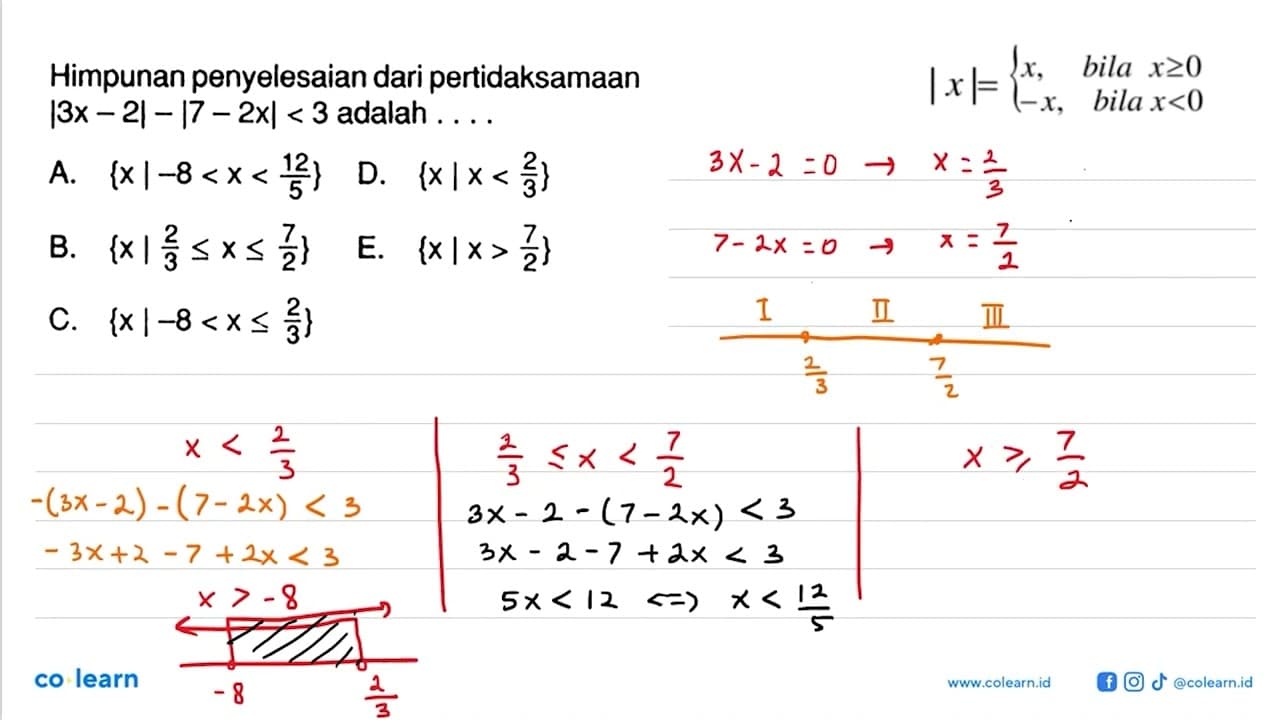 Himpunan penyelesaian dari pertidaksamaan |3x - 2| - |7 -