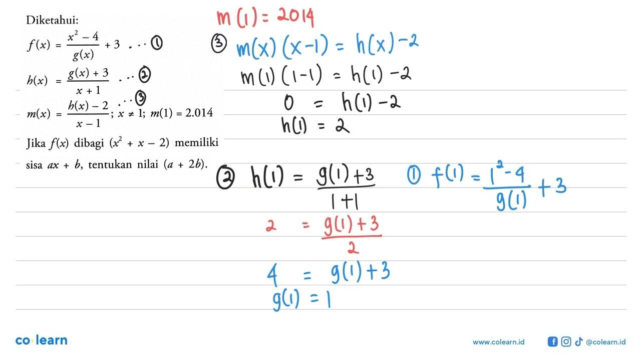 Diketahui: f(x)=(x^2-4)/(g(x))+3 h(x)=(g(x)+3)/(x+1)