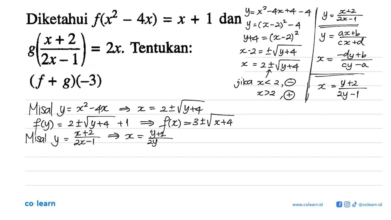 Diketahui f(x^2-4x)=x+1 dan g((x+2)/(2x-1))=2x.