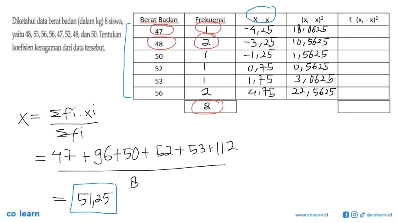 Diketahui data berat badan (dalam kg) 8 siswa, yaitu 48,