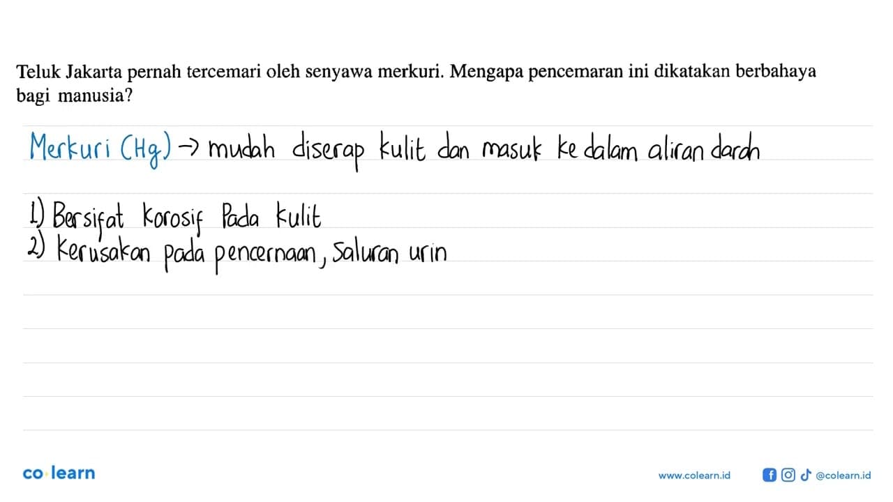 Teluk Jakarta pernah tercemari oleh senyawa merkuri.