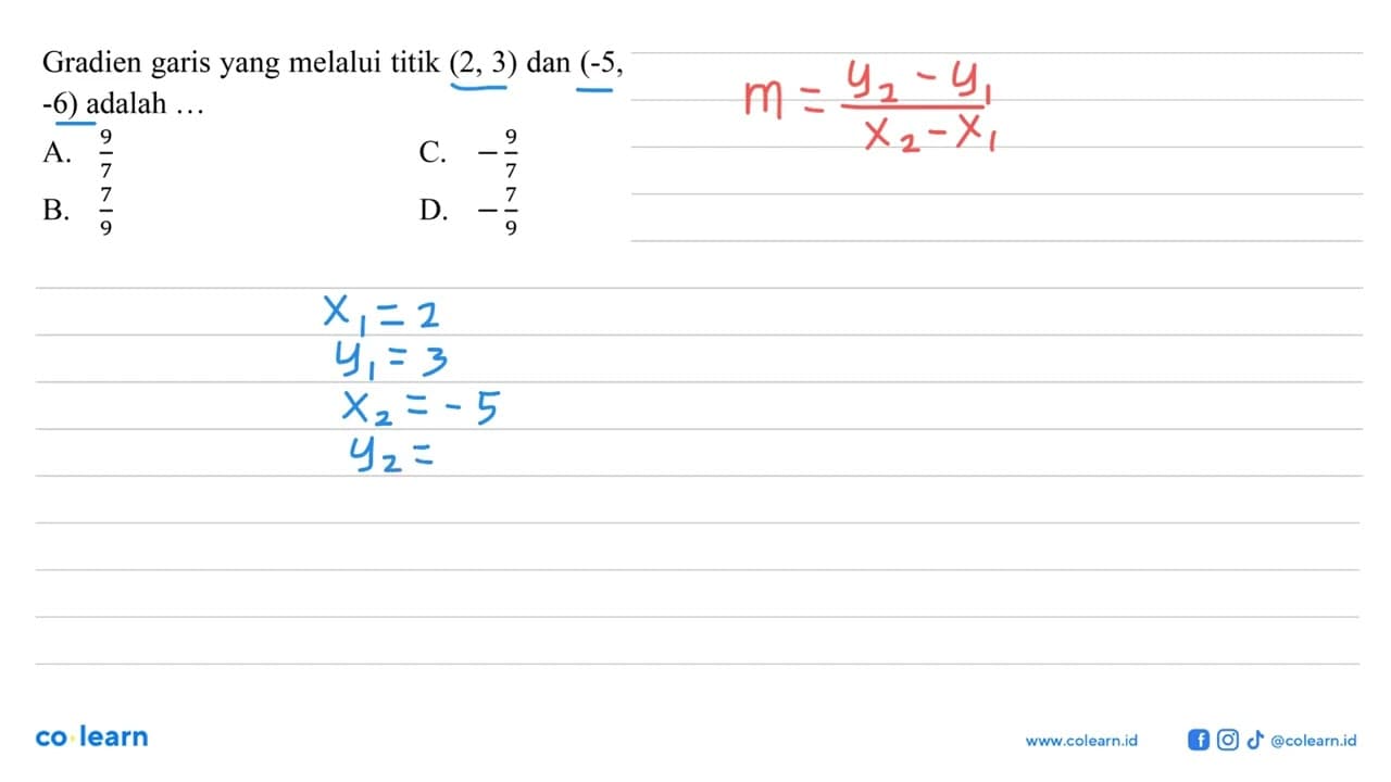 Gradien garis yang melalui titik (2,3) dan (-5,-6) adalah