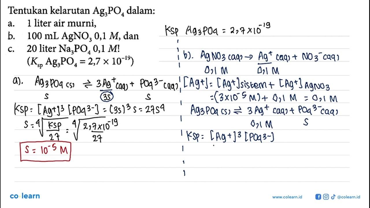 Tentukan kelarutan Ag3PO4 dalam: a. 1 liter air murni, b.