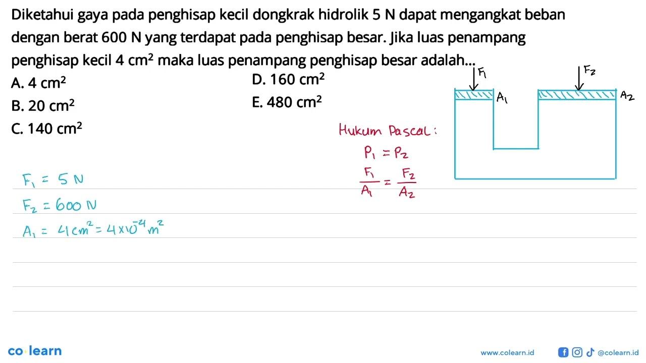 Diketahui gaya pada penghisap kecil dongkrak hidrolik 5 N