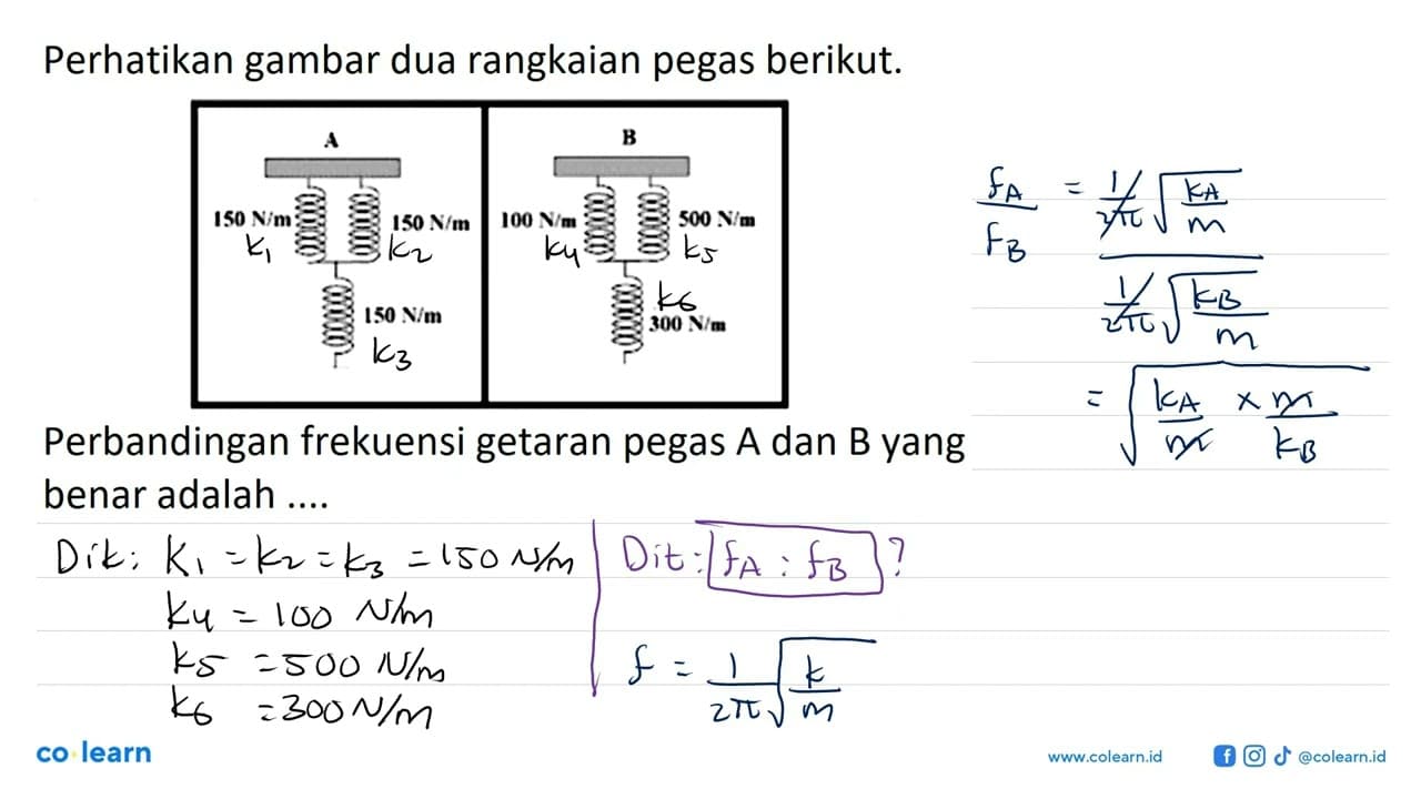 Perhatikan gambar dua rangkaian pegas berikut. A 150 N/m