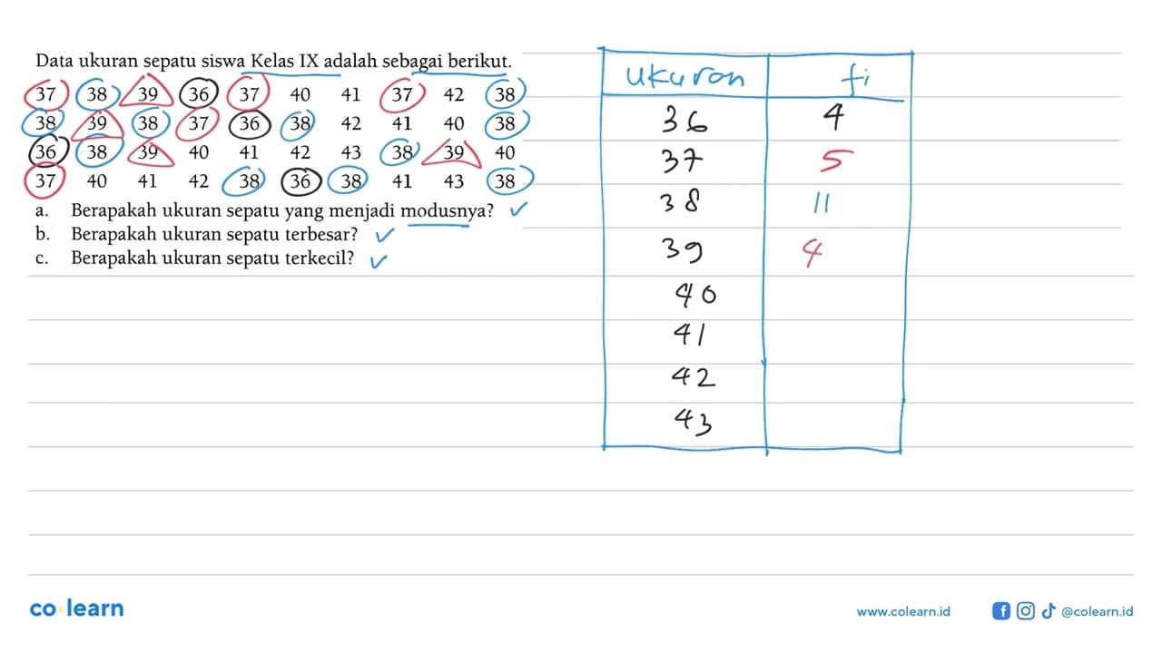 Data ukuran sepatu siswa Kelas IX adalah sebagai berikut.37