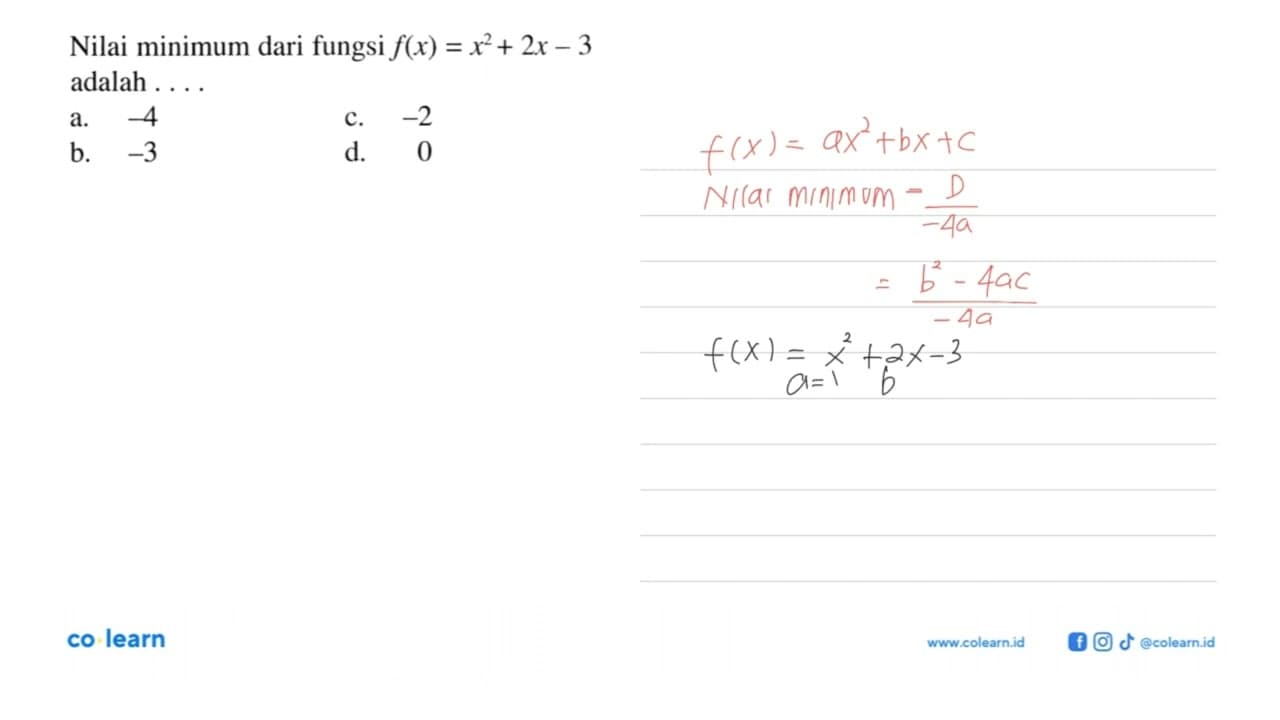 Nilai minimum dari fungsi f(x) = x^2 + 2x - 3 adalah...