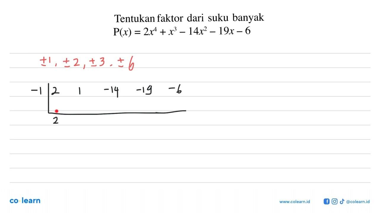 Tentukan faktor dari suku banyak P(x)=2x^4+x^3-14x^2-19x-6