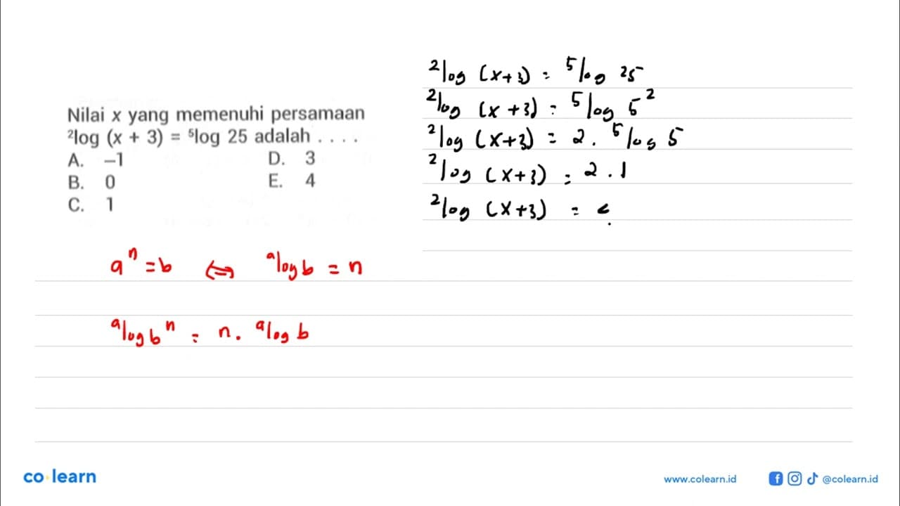 Nilai x yang memenuhi persamaan 2log (x+3)=5log 25 adalah