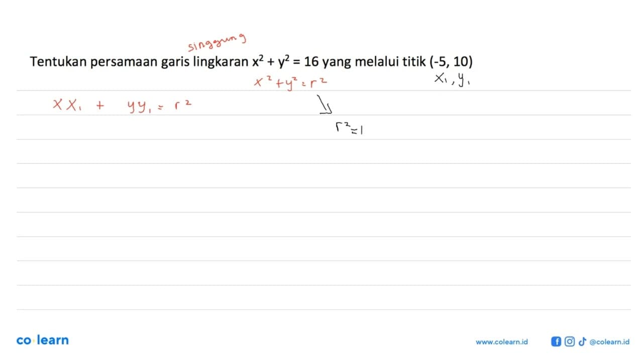 Tentukan persamaan garis lingkaran x^2+y^2=16 yang melalui