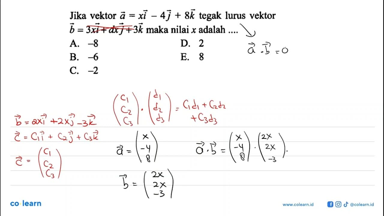 Jika vektor a=xi-4j+8k tegak lurus vektor b=3xi+dxj+3k maka