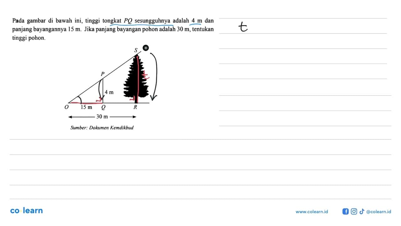 Pada gambar di bawah ini, tinggi tongkat P Q sesungguhnya