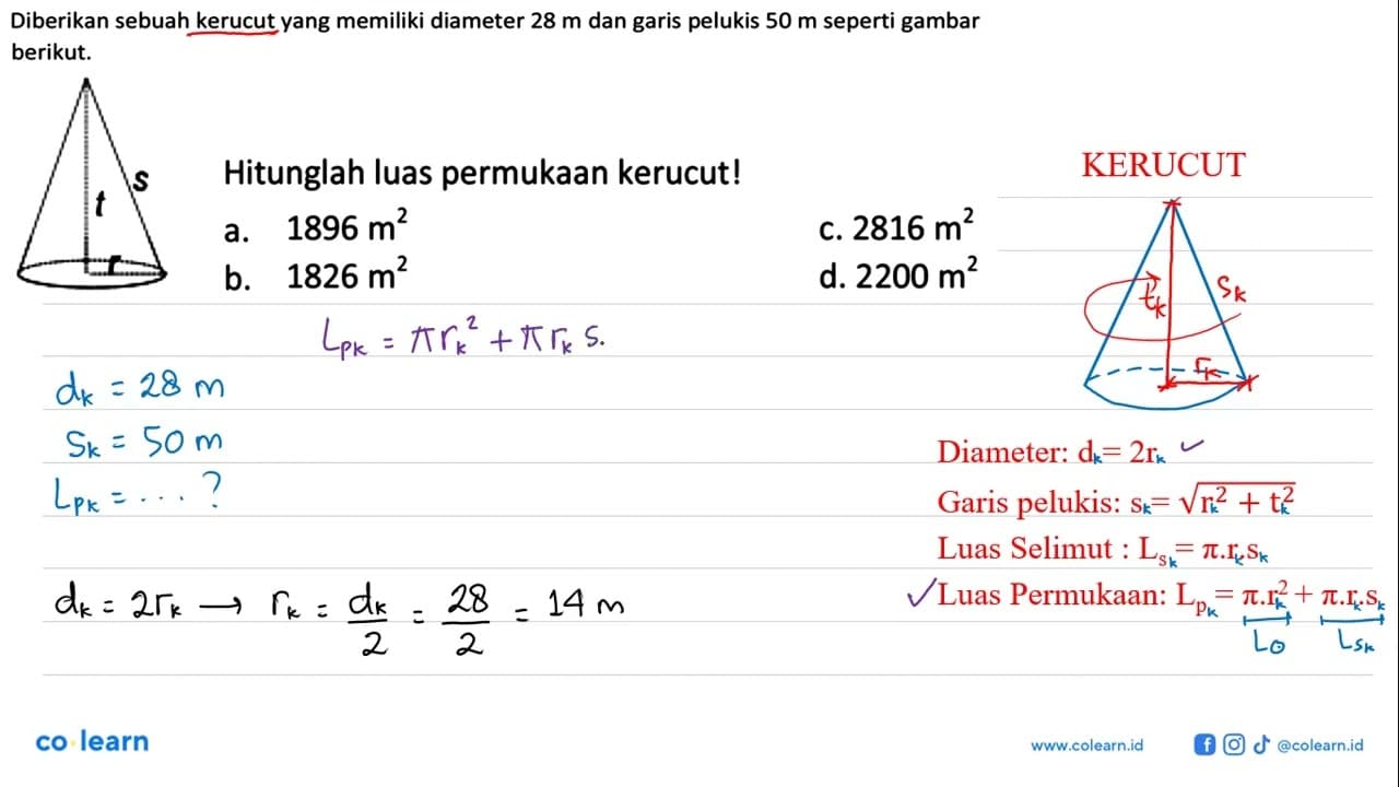 Hitunglah luas permukaan kerucut!