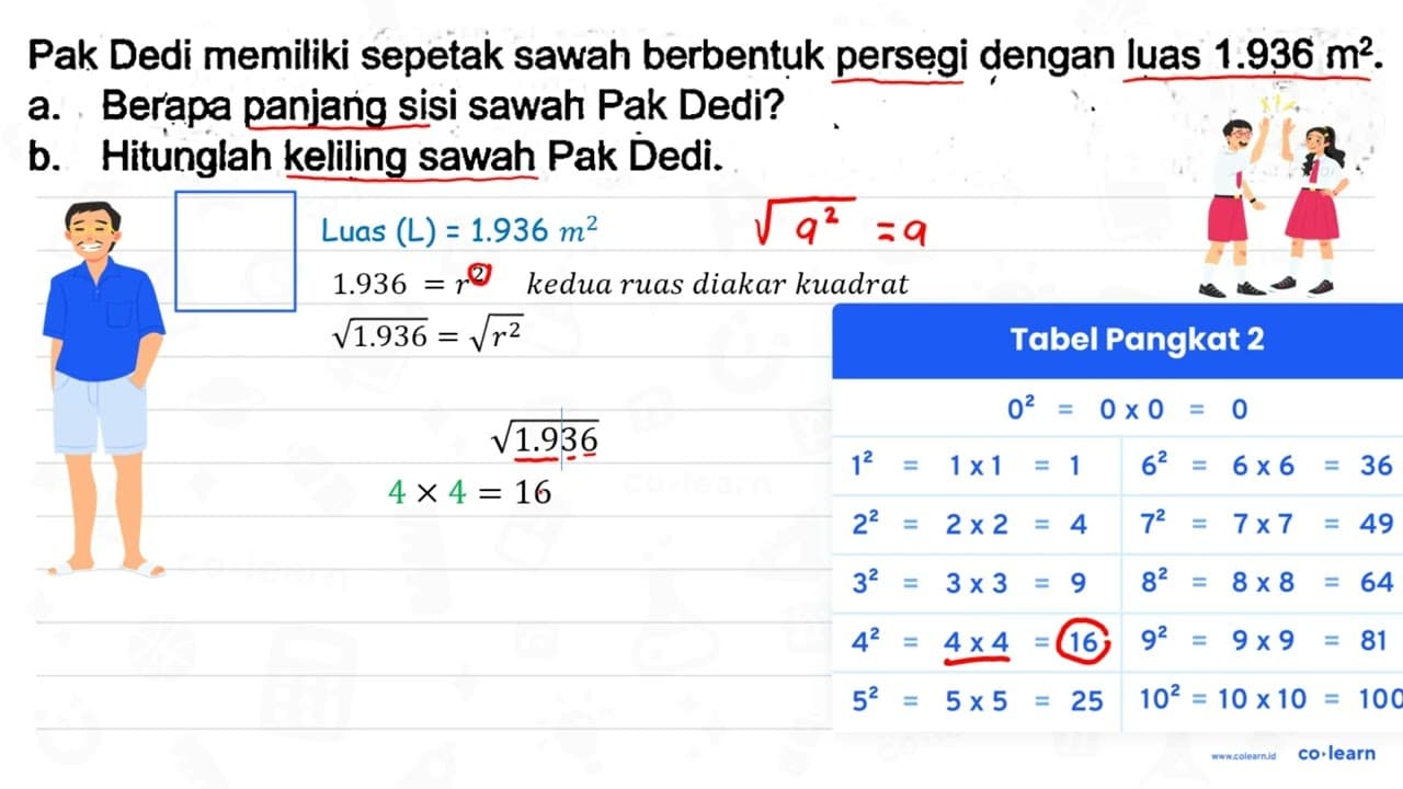 Pak Dedi memiliki sepetak sawah berbentuk persegi dengan