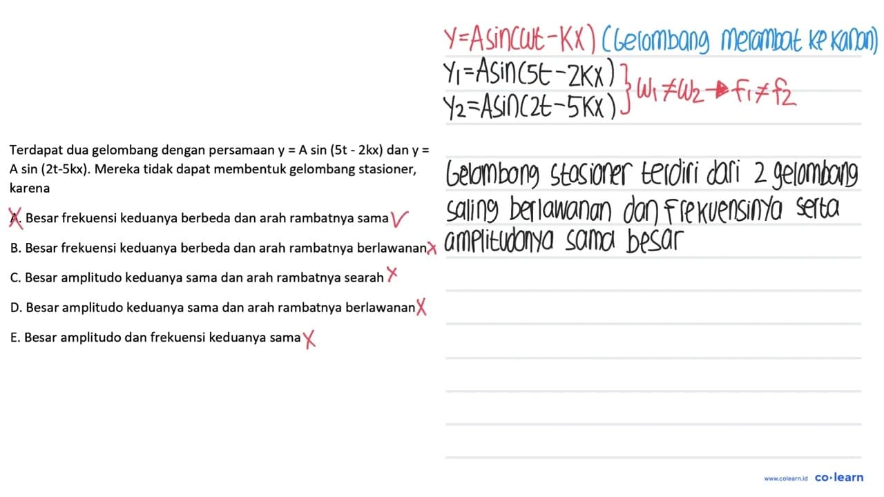 Terdapat dua gelombang dengan persamaan y=A sin (5 t-2 k x)