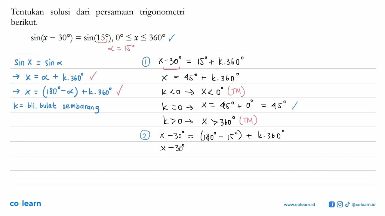 Tentukan solusi dari persamaan trigonometri berikut. sin