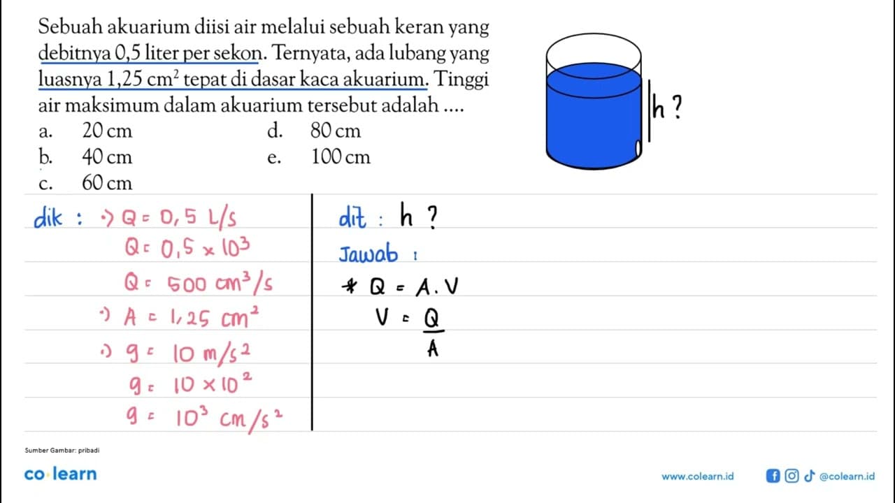 Sebuah akuarium diisi air melalui sebuah keran yang