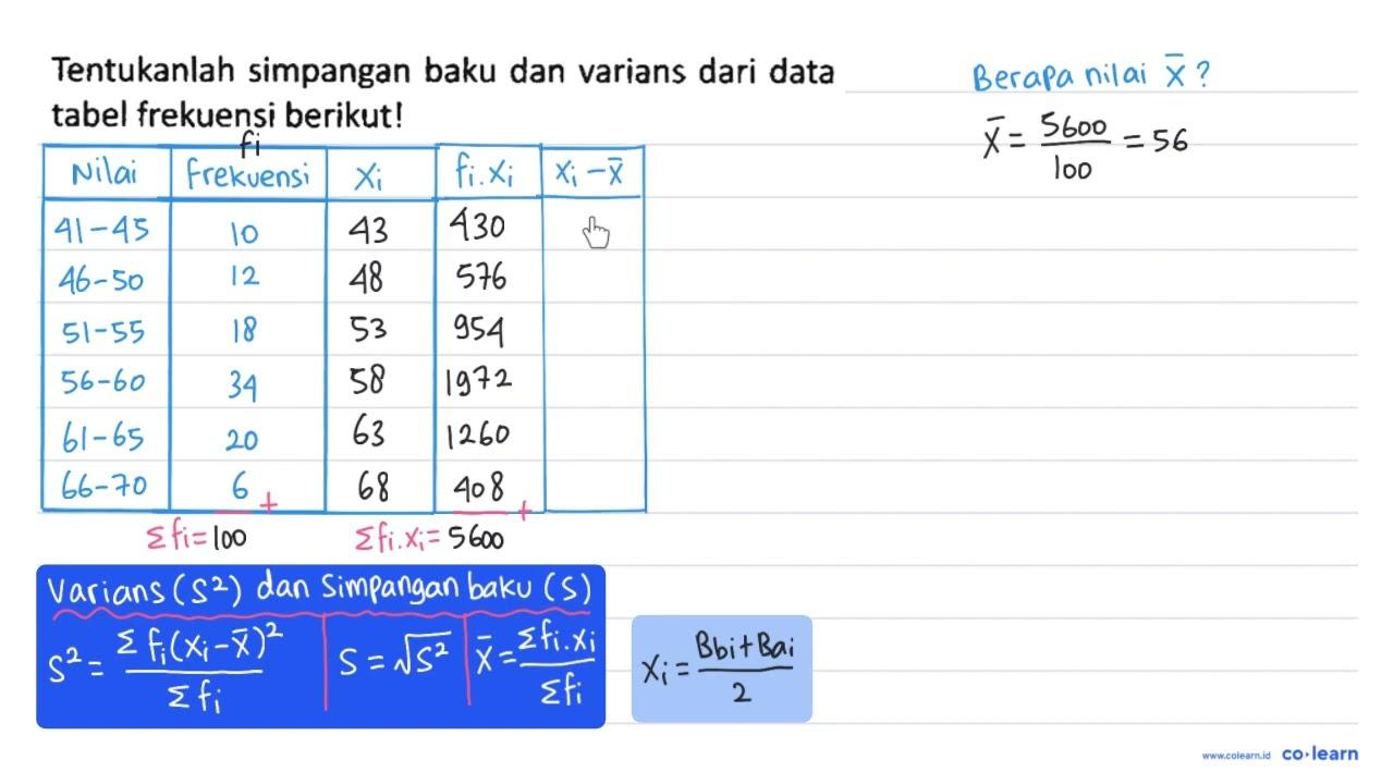 Tentukanlah simpangan baku dan varians dari data tabel