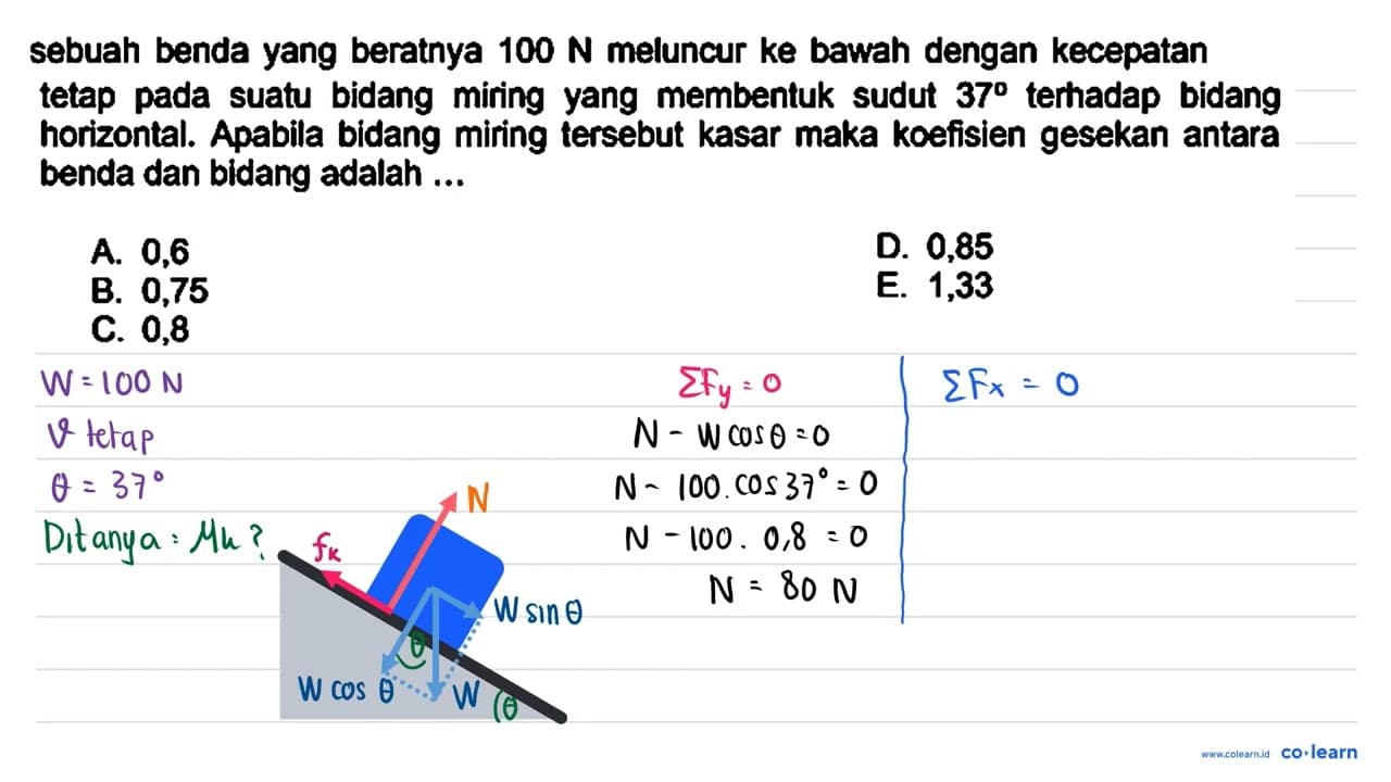 sebuah benda yang beratnya 100 ~N meluncur ke bawah dengan