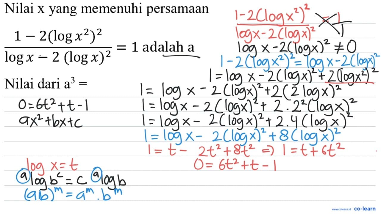 Nilai x yang memenuhi persamaan (1-2(log x^(2))^(2))/(log