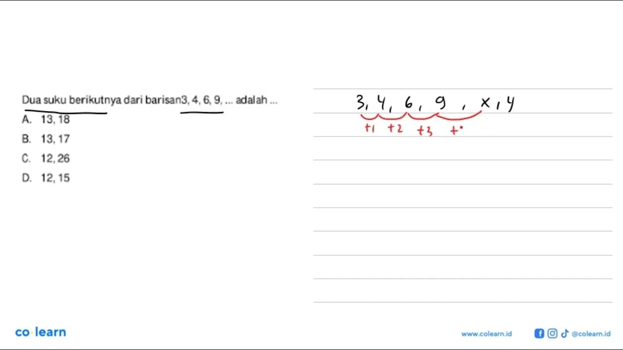 Dua suku berikutnya dari barisan 3, 4, 6, 9, ... adalah ...