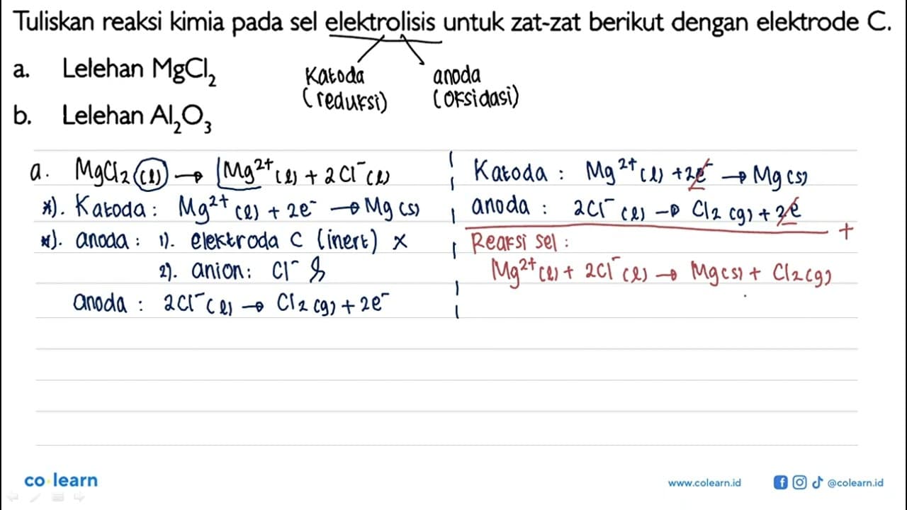 Tuliskan reaksi kimia pada sel elektrolisis untuk zat-zat