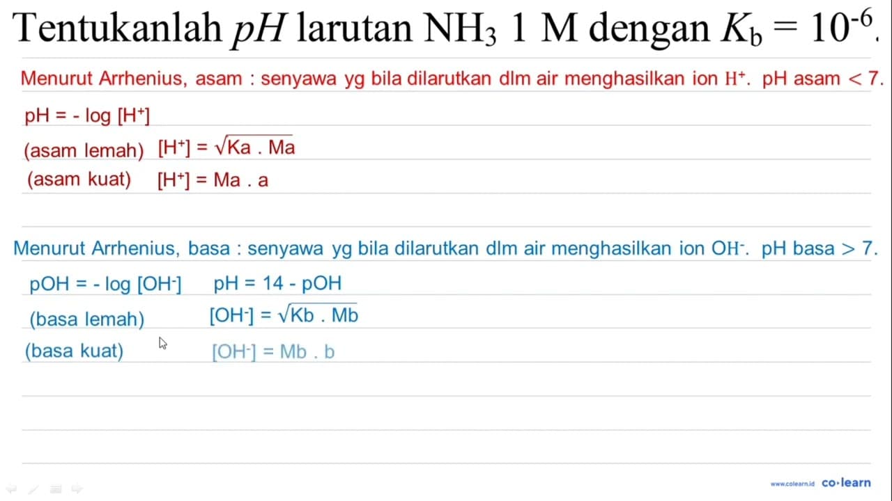 Tentukanlah p H larutan NH2 1 M dengan Kb=10^(-6) .