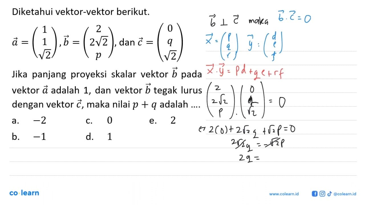 Diketahui vektor-vektor berikut. vektor a=(1 1 akar(2)),