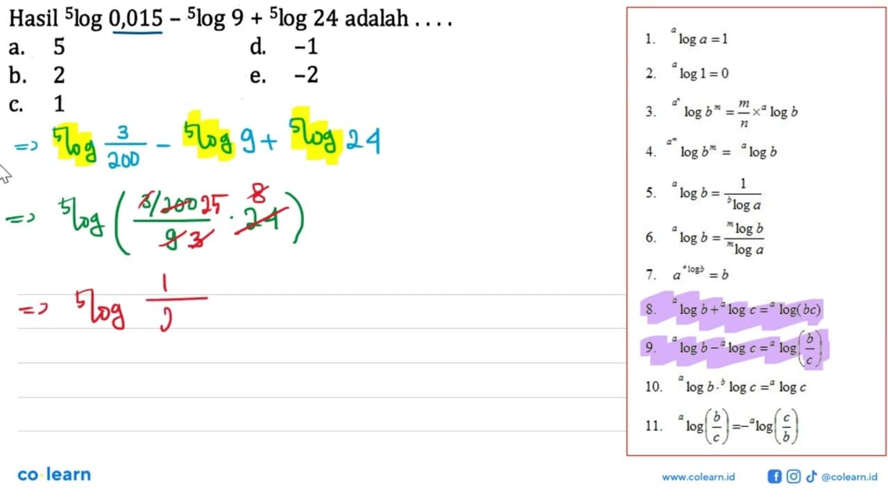 Hasil 5log0,015-5log9+5log24 adalah . . . .