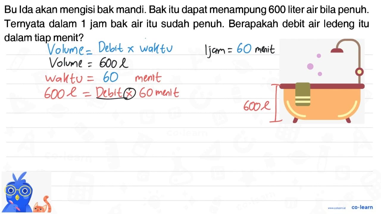 Bu Ida akan mengisi bak mandi. Bak itu dapat menampung 600