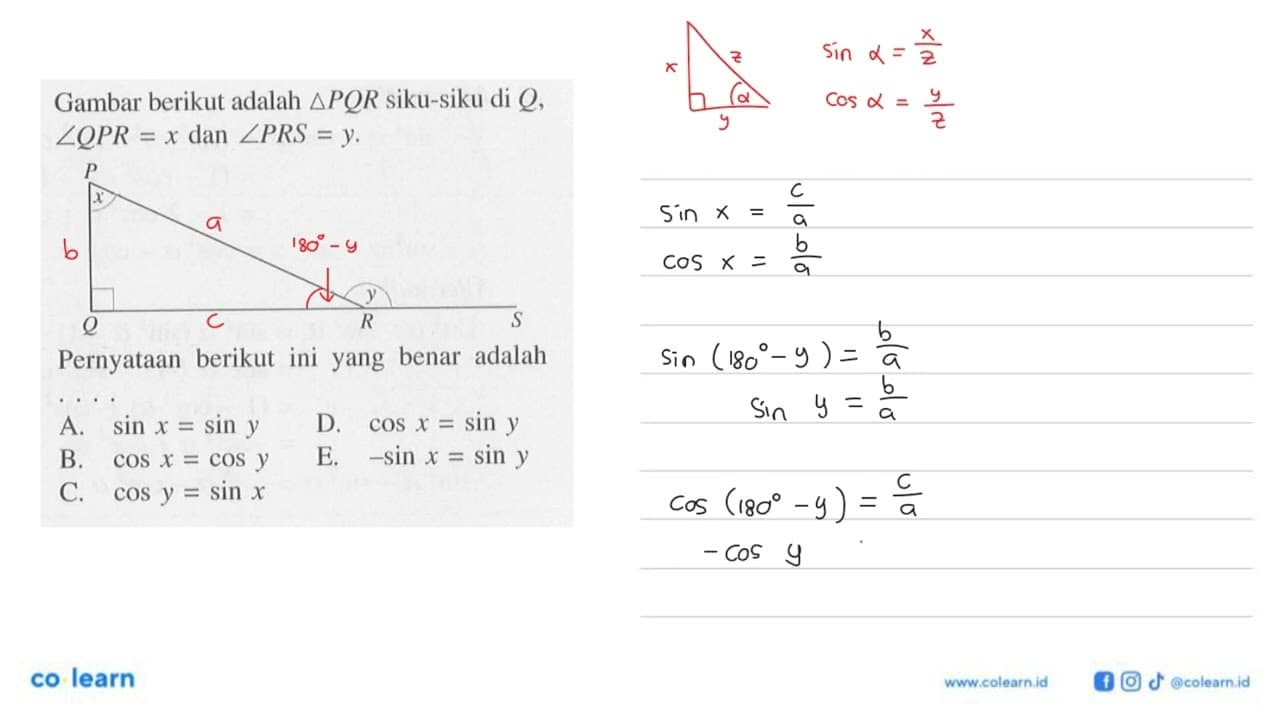 Gambar berikut adalah segitiga PQR siku-siku di Q, sudut