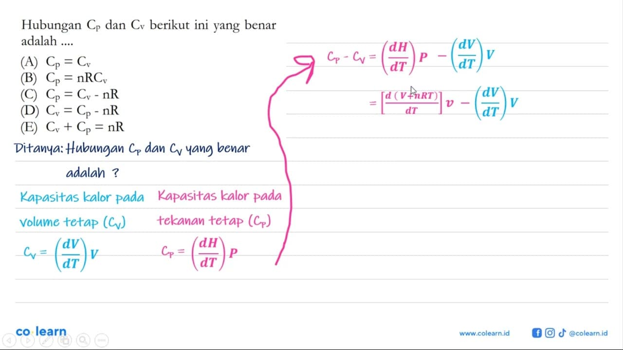 Hubungan Cp dan Cv berikut ini yang benar adalah ....