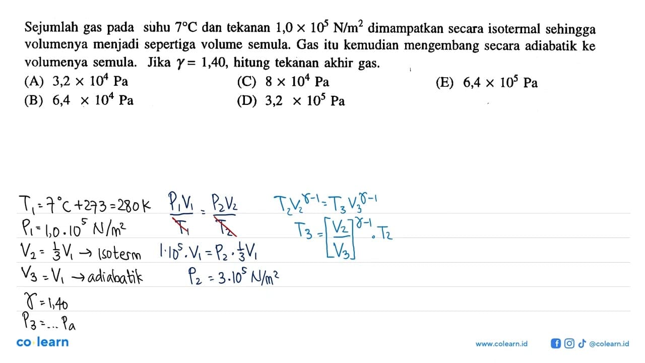 Sejumlah gas pada suhu 7 C dan tekanan 1,0 x 10^5 N/m^2