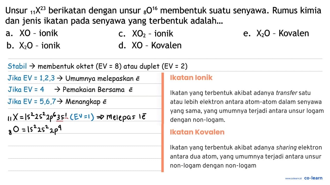 Unsur { )_(11) X^(23) berikatan dengan unsur { )_(8) O^(16)