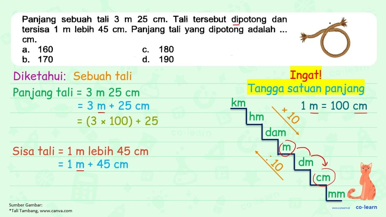 Panjang sebuah tali 3 m 25 cm . Tali tersebut dipotong dan