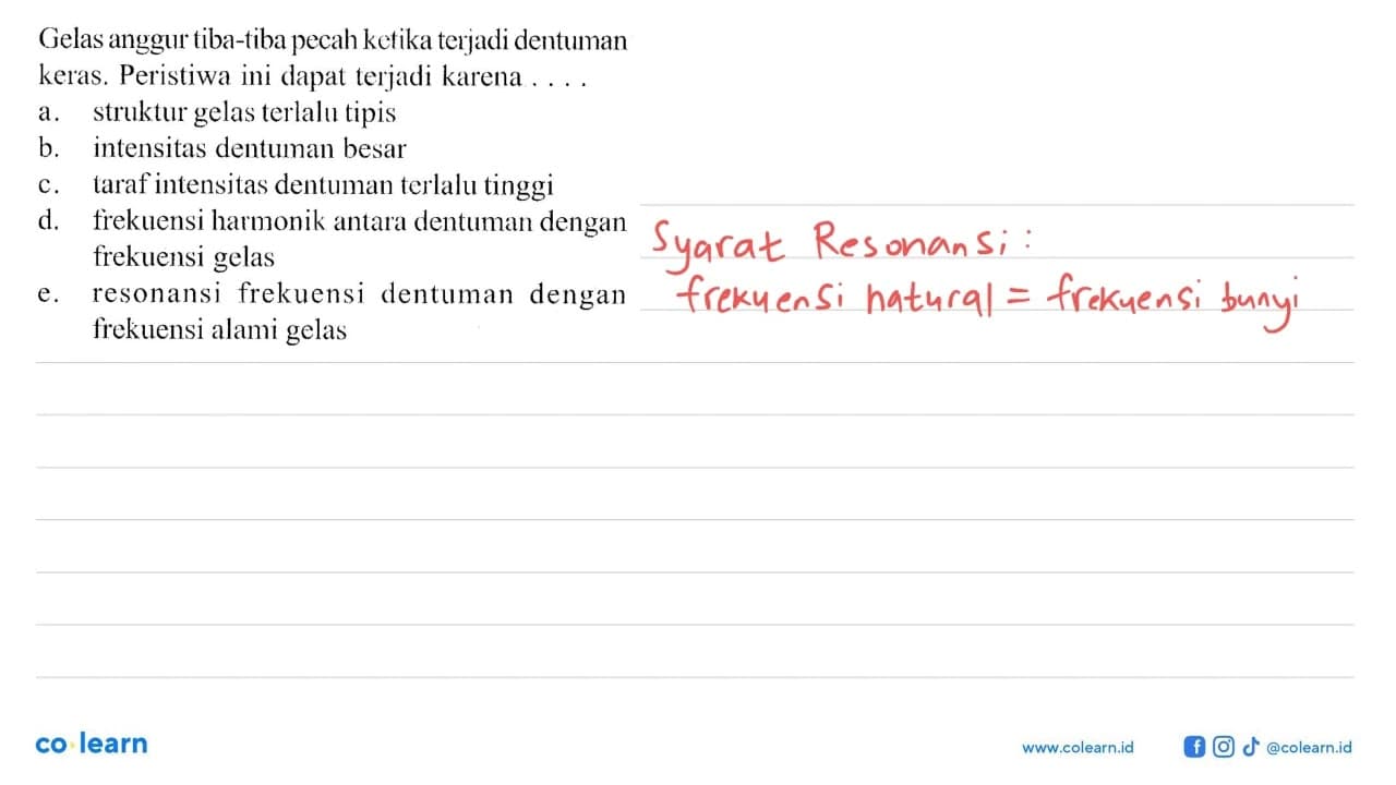 Gelas anggur tiba-tiba pecah ketika terjadi dentumankeras.