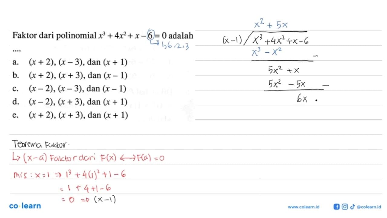 Faktor dari polinomial x^3+4x^2+x-6 = 0 adalah