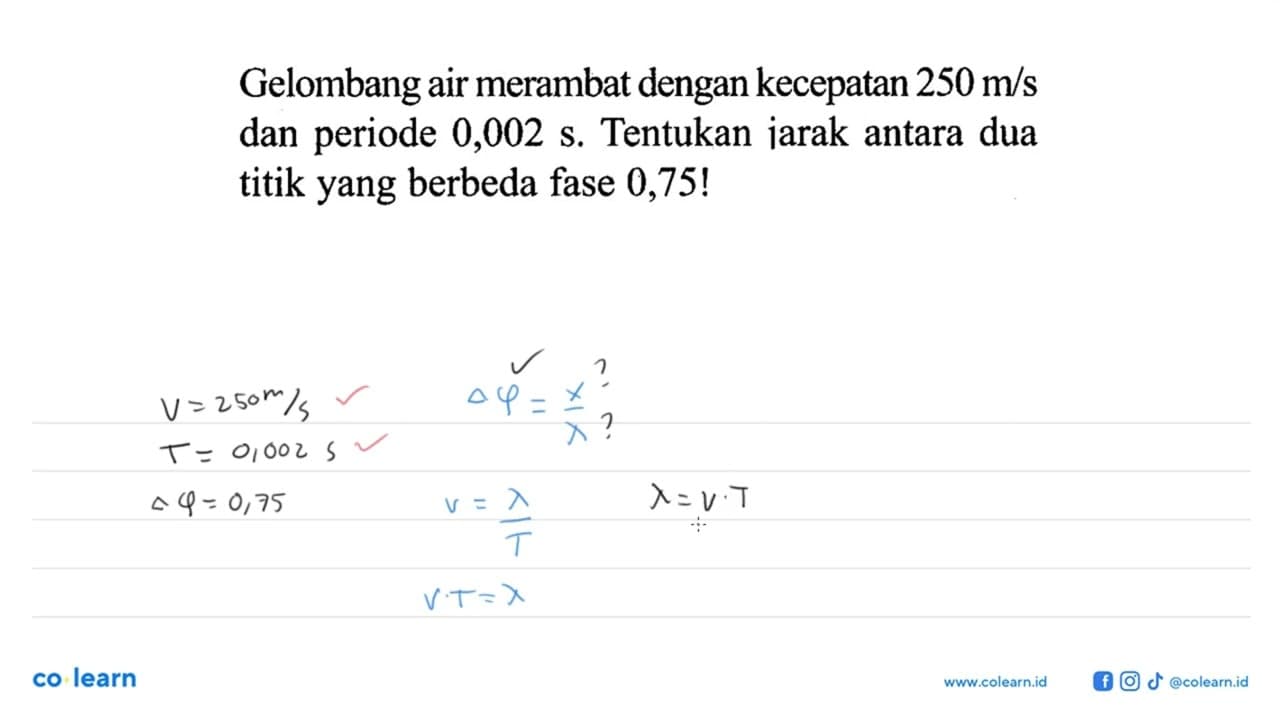 Gelombang air merambat dengan kecepatan 250 m/s dan periode