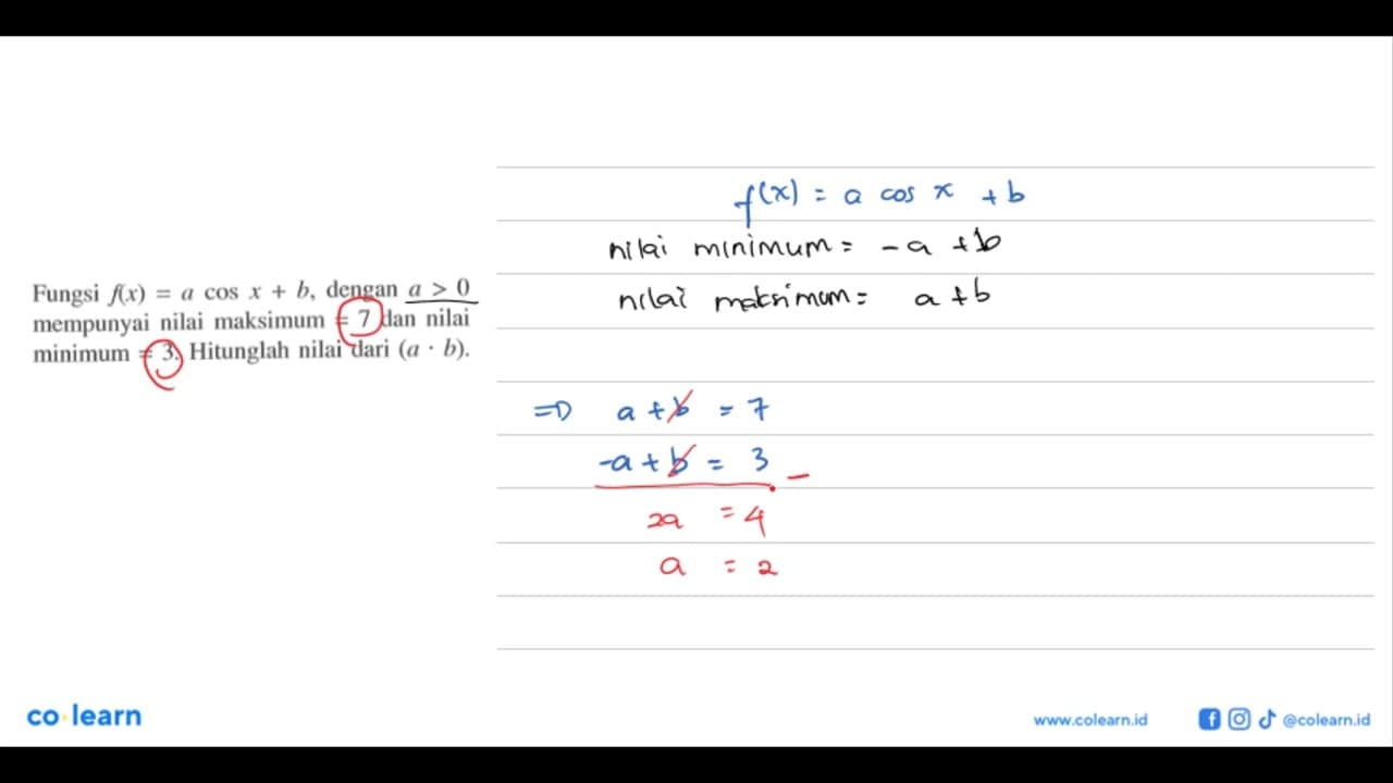 Fungsi f(x)=a cos x+b, dengan a>0 mempunyai nilai maksimum