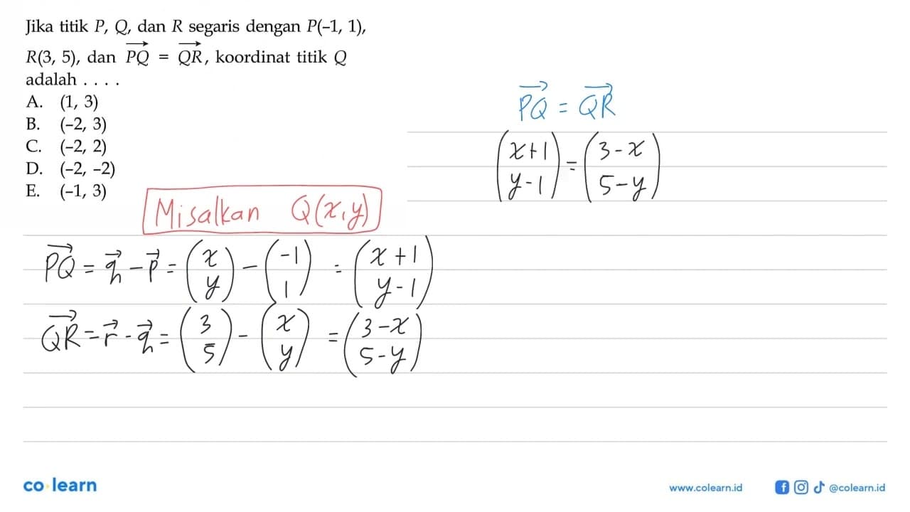 Jika titik P, Q , dan R segaris dengan P(-1,1) , R(3,5),