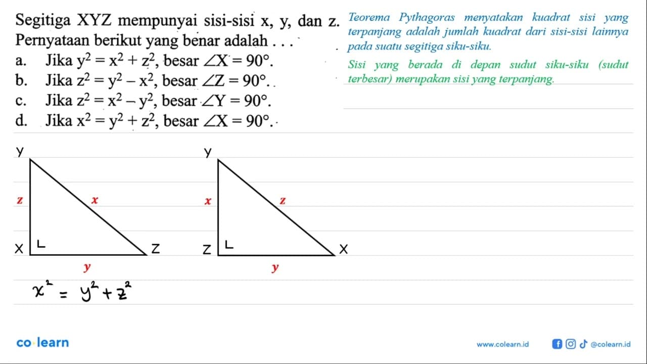 Segitiga XYZ mempunyai sisi-sisi x, y, dan z. Pernyataan