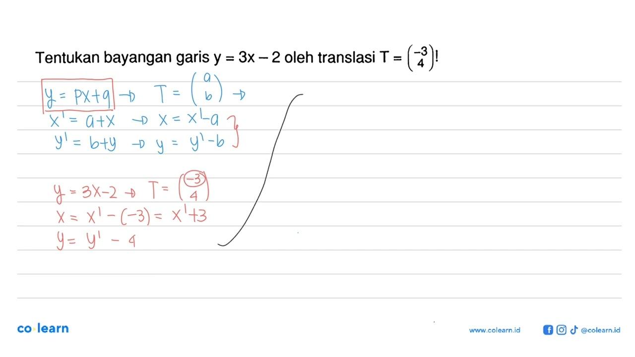 Tentukan bayangan garis y = 3x-2 oleh translasi T = (-3 4)!