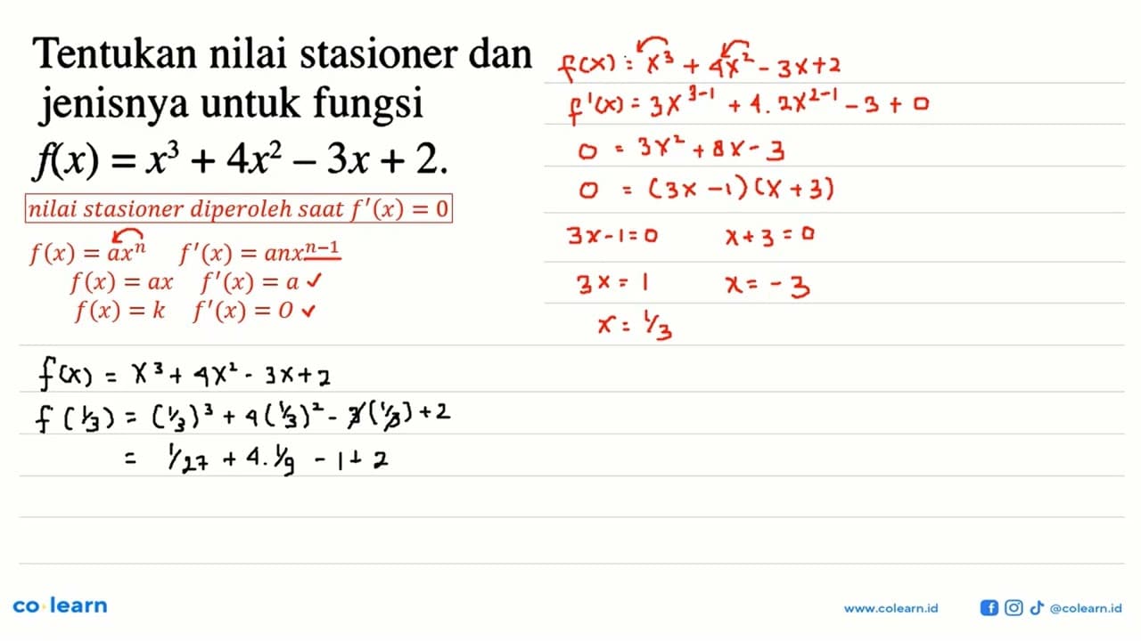 Tentukan nilai stasioner dan jenisnya untuk fungsi