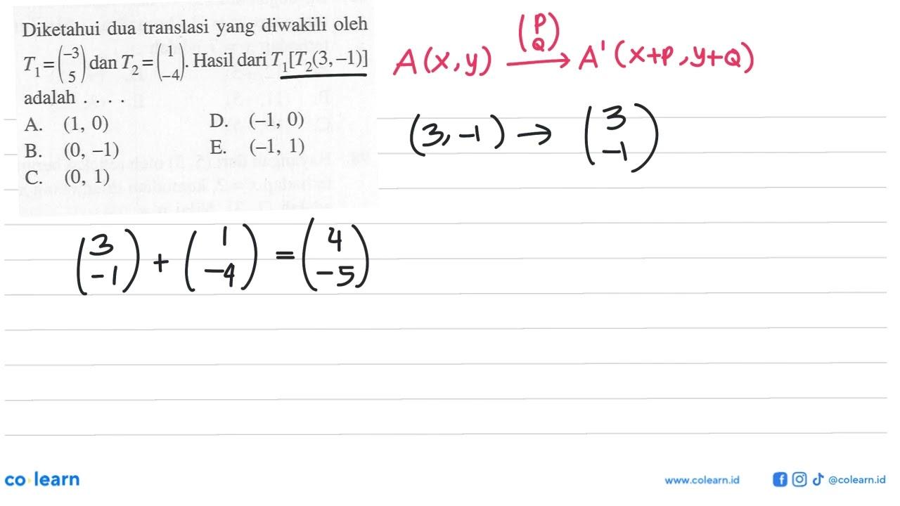 Diketahui dua translasi yang diwakili oleh T1=(-3 5) dan