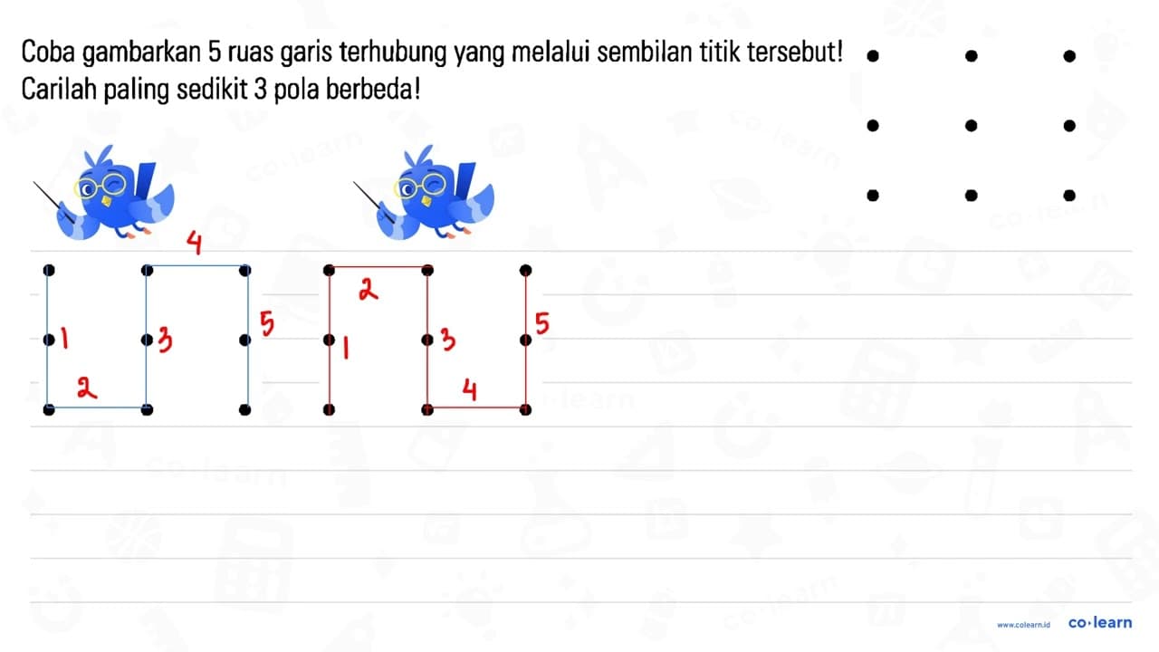 Coba gambarkan 5 ruas garis terhubung yang melalui sembilan