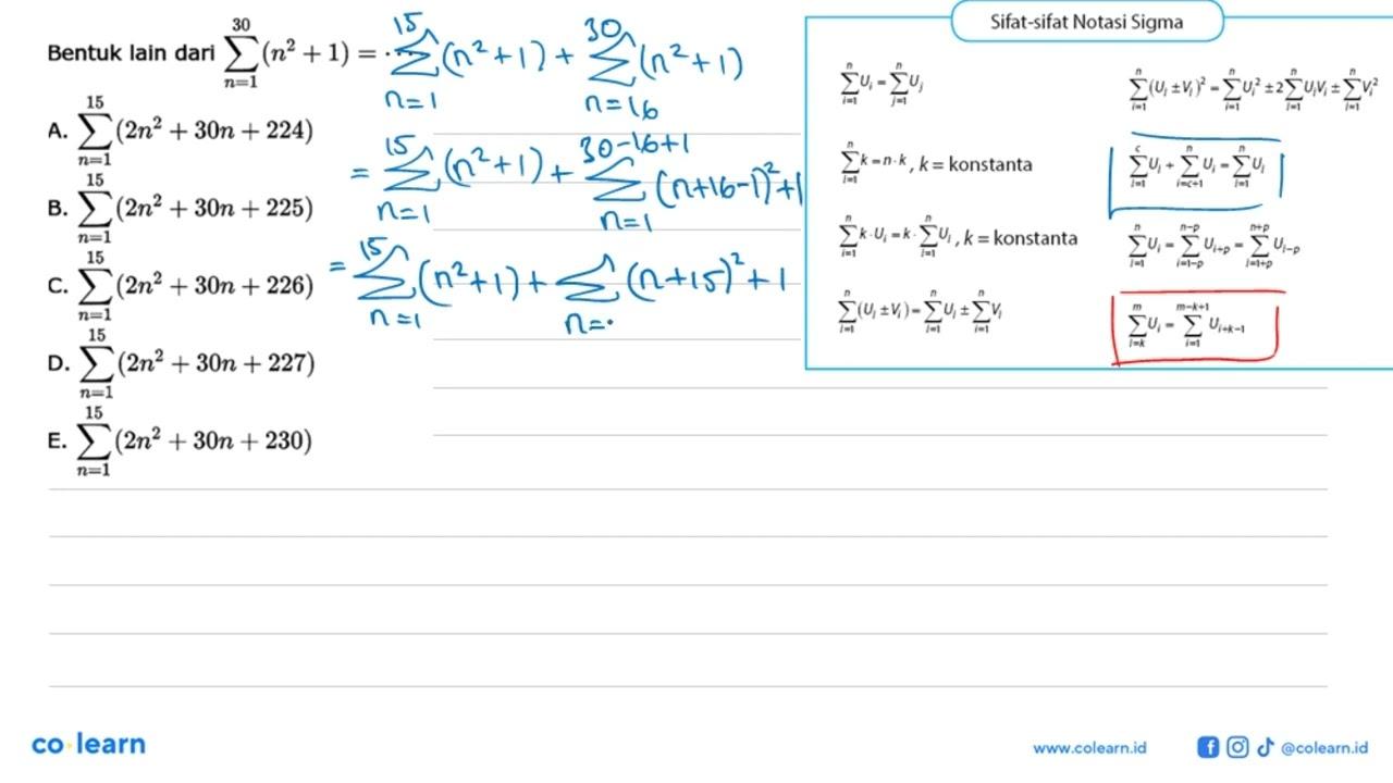 Bentuk lain dari sigma n=1 30 (n^2+1)=